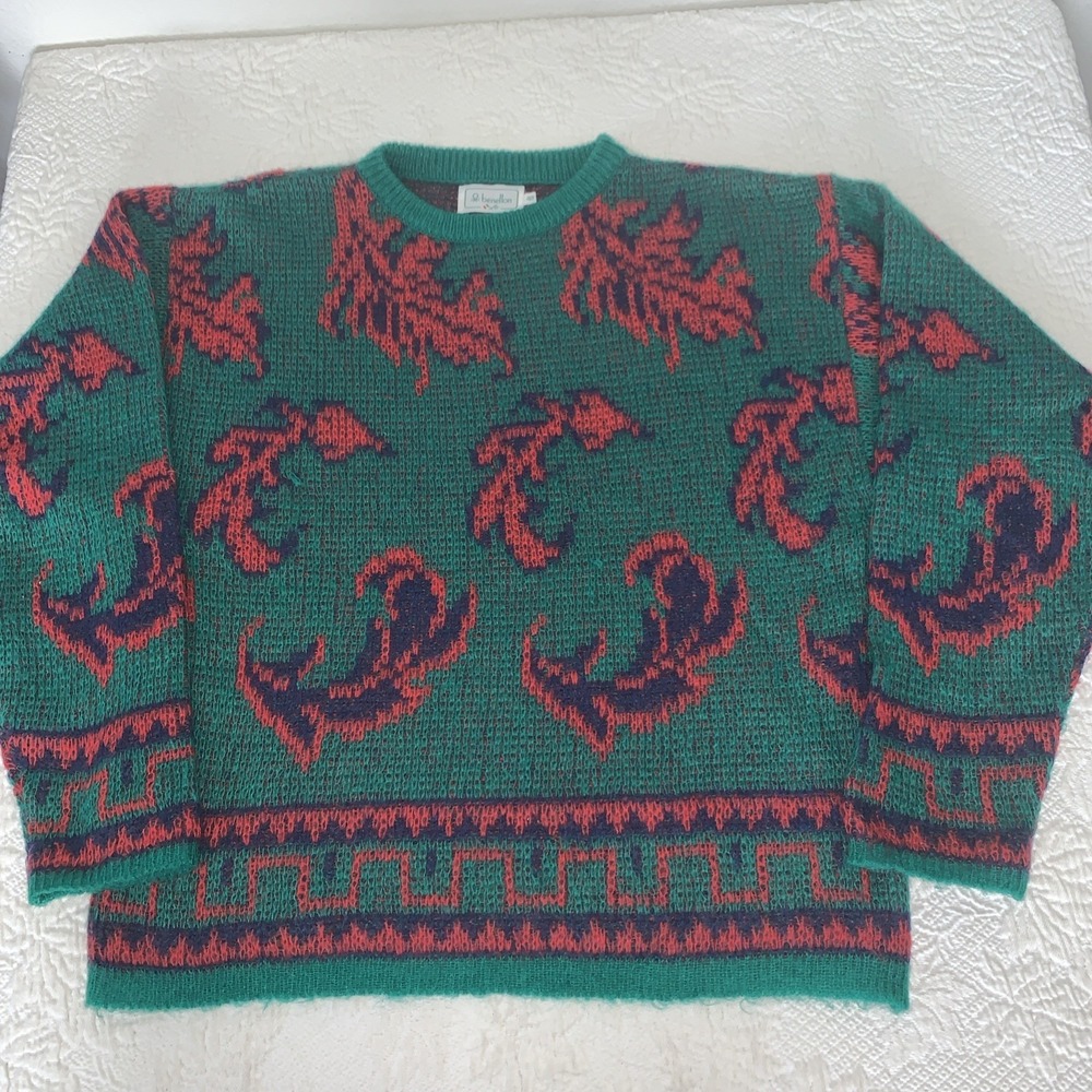 Vintage United Colors of Benetton Mohair Blend Sweater Green Red Abstract Sz 48